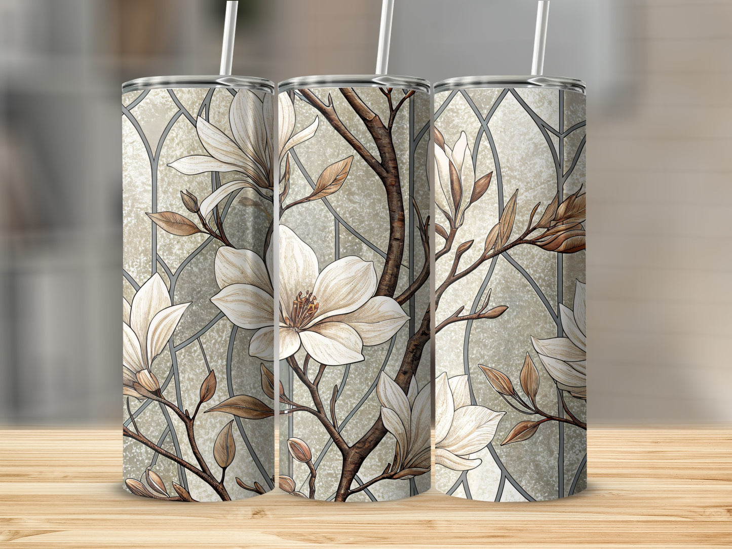 Magnolia Floral Design on Mosaic Background 20 oz Skinny Tumbler - Walk Greener