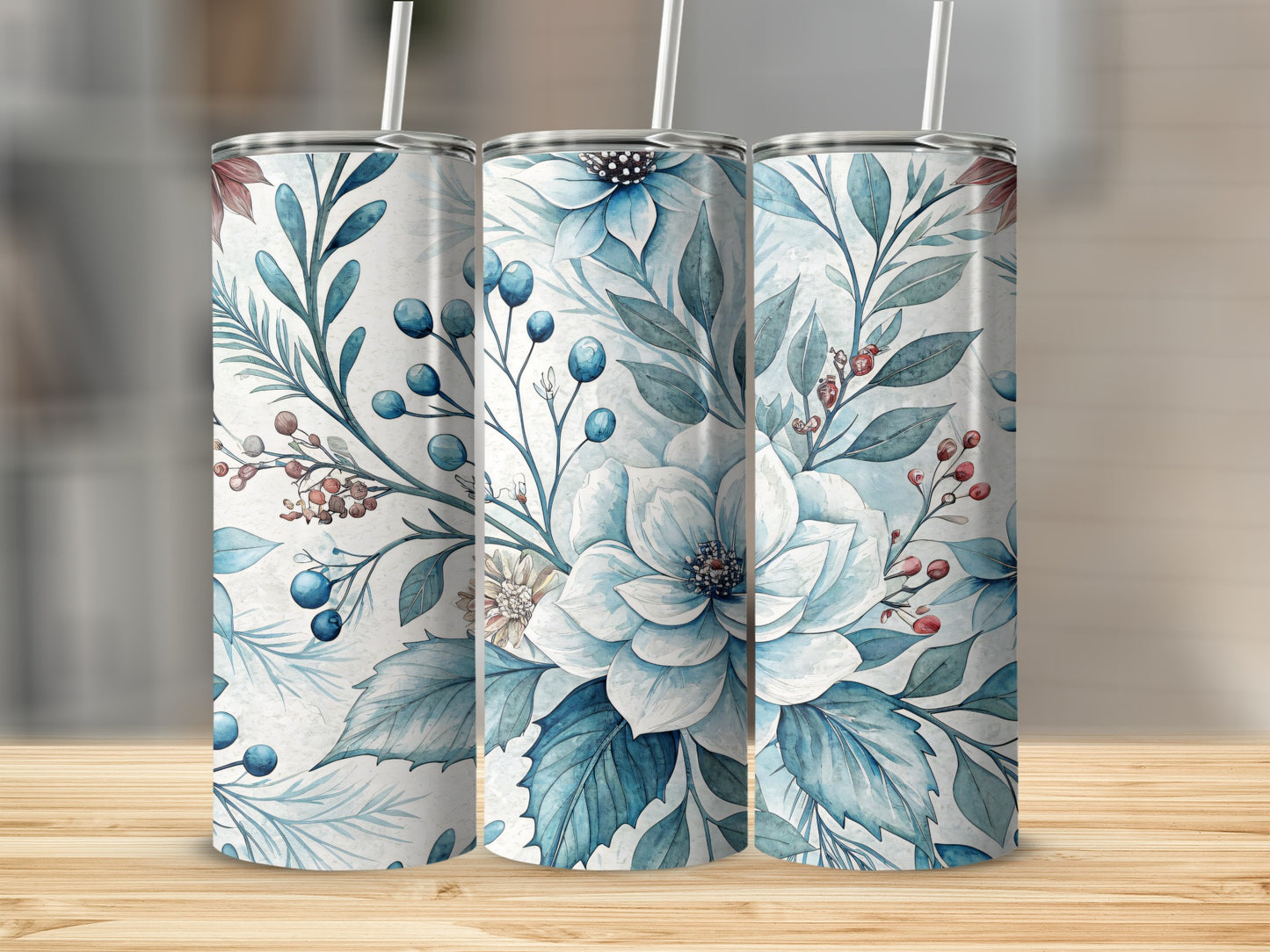 Blue Floral Patterned Stainless Steel Tumbler Cup
