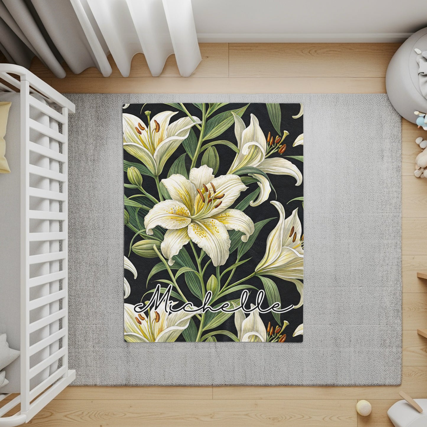Personalized Floral Lily Design Black Background Rug