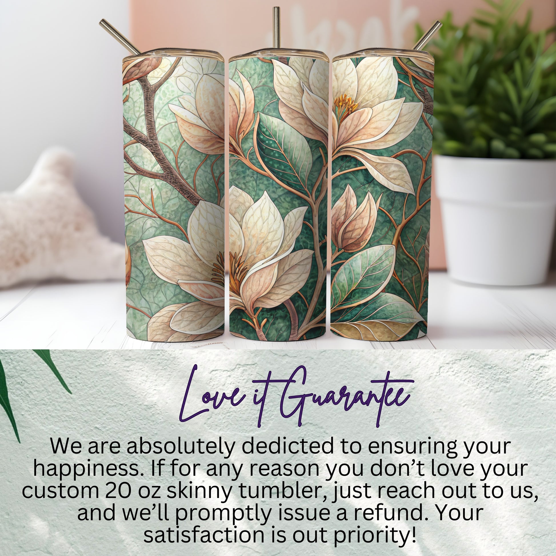 Magnolia Floral Dream Pattern Spring Design Art 20 oz Skinny Tumbler - Walk Greener
