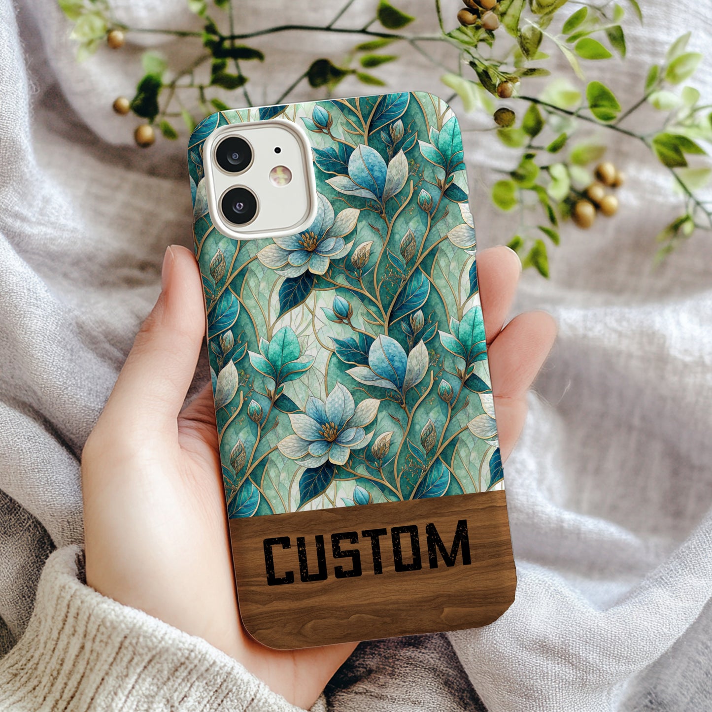 Custom Floral Pattern Phone Case with Green Leaves Design