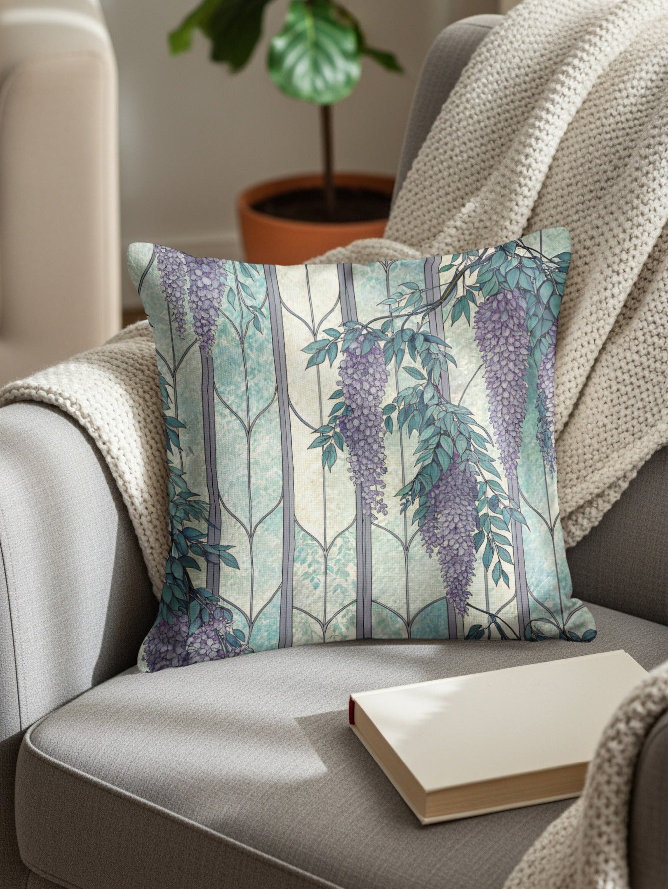 Wisteria Flowers Over Stained Glass Panels Pattern Throw Pillows - Walk Greener