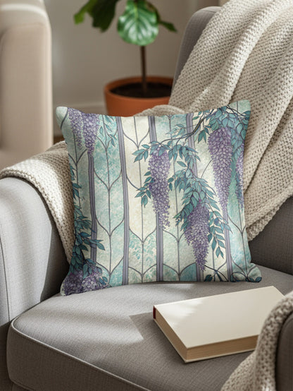 Wisteria Flowers Over Stained Glass Panels Pattern Throw Pillows - Walk Greener