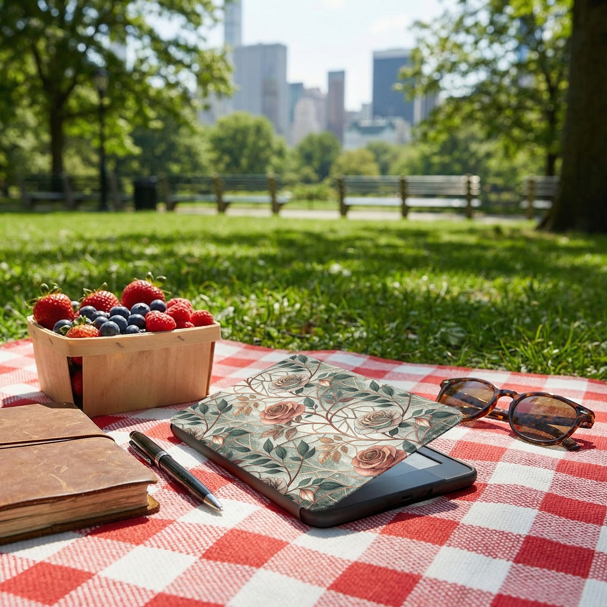 Floral Pattern Kindle Cover on Picnic Table for Summer
