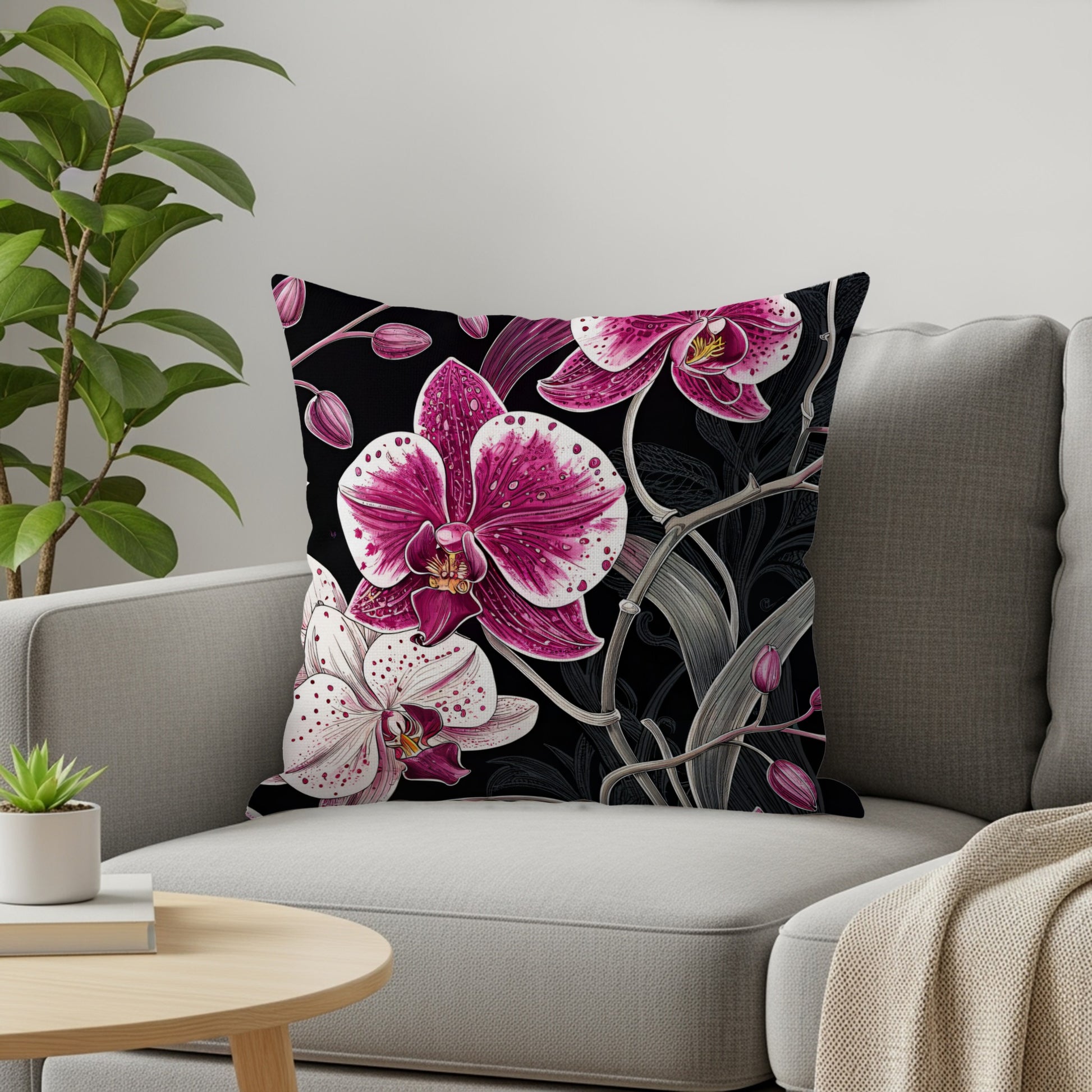 Exotic Orchids on Black Elegant Decorative Floral Throw Pillows - Walk Greener