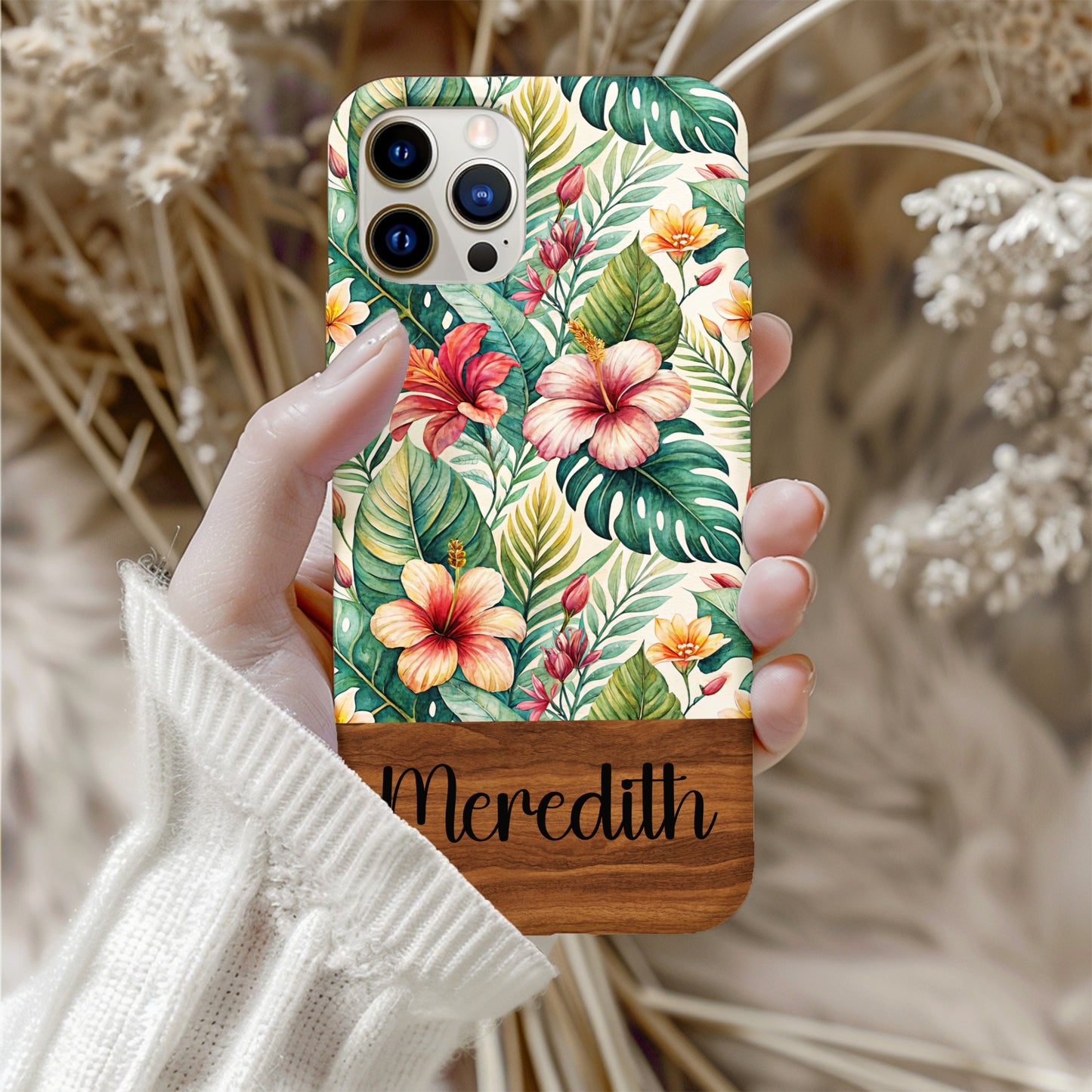 Personalized Tropical Floral Phone Case with Name Script