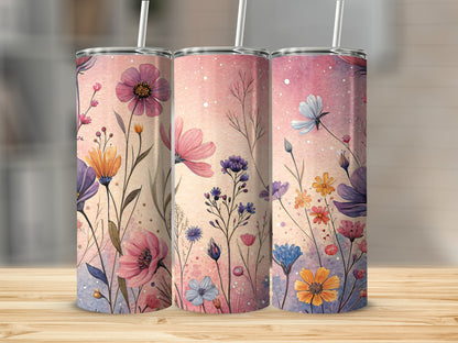 Floral Watercolor on Pink and Beige Background 20 oz Skinny Tumbler - Walk Greener