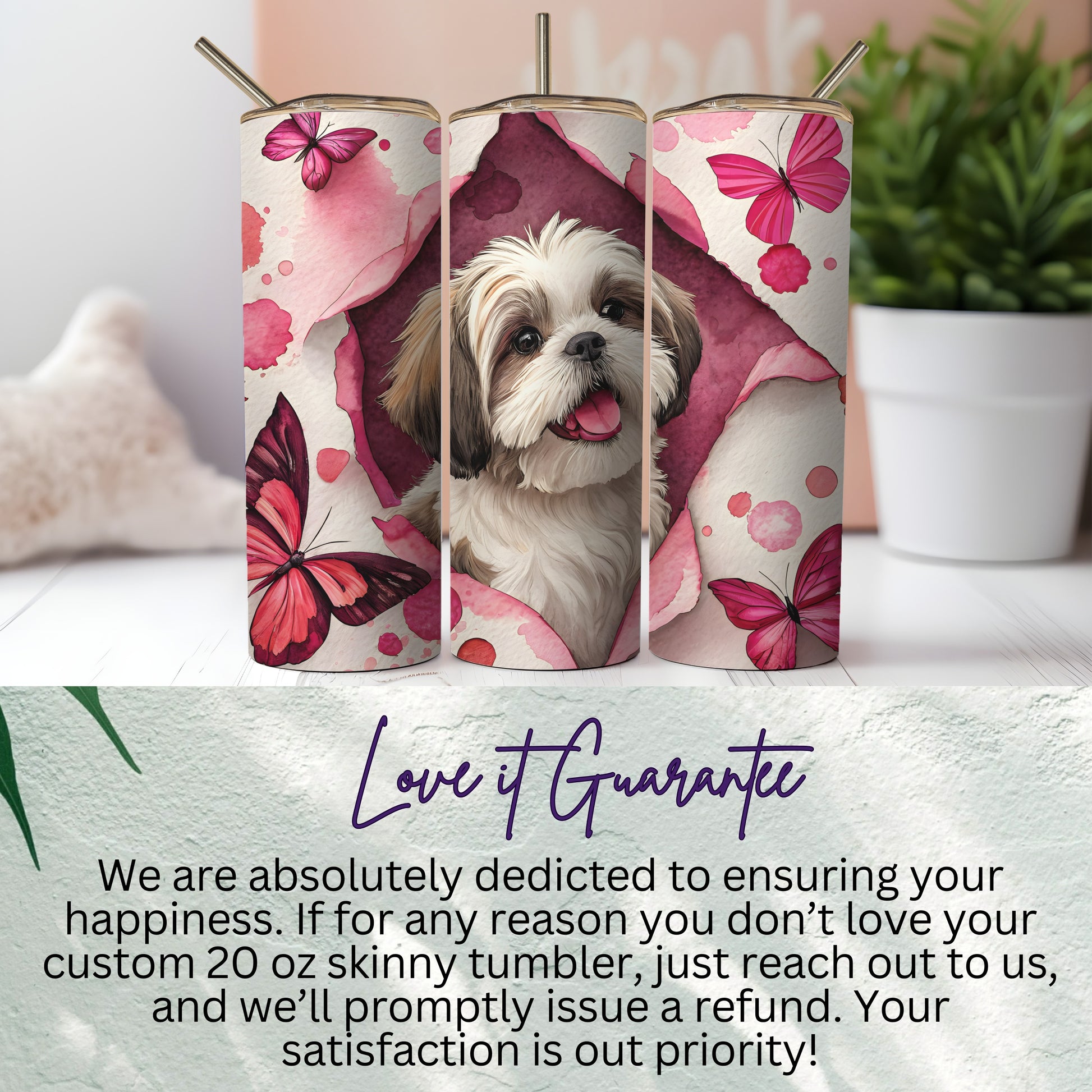 Cute Shih Tzu Tumbler with Pink Butterflies Design