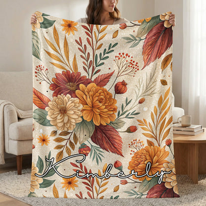 Autumn Floral Throw Blanket with Personalized Name