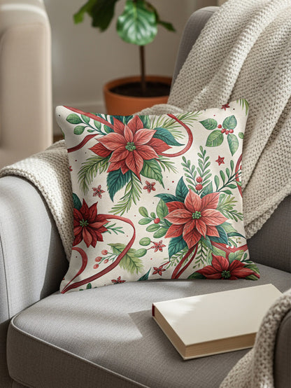 Festive Poinsettia and Holly Christmas Decor Pillow