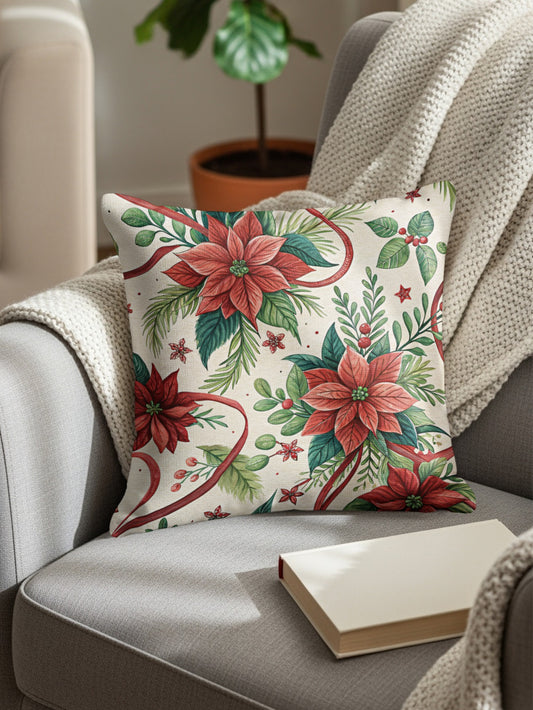 Festive Poinsettia and Holly Christmas Decor Pillow