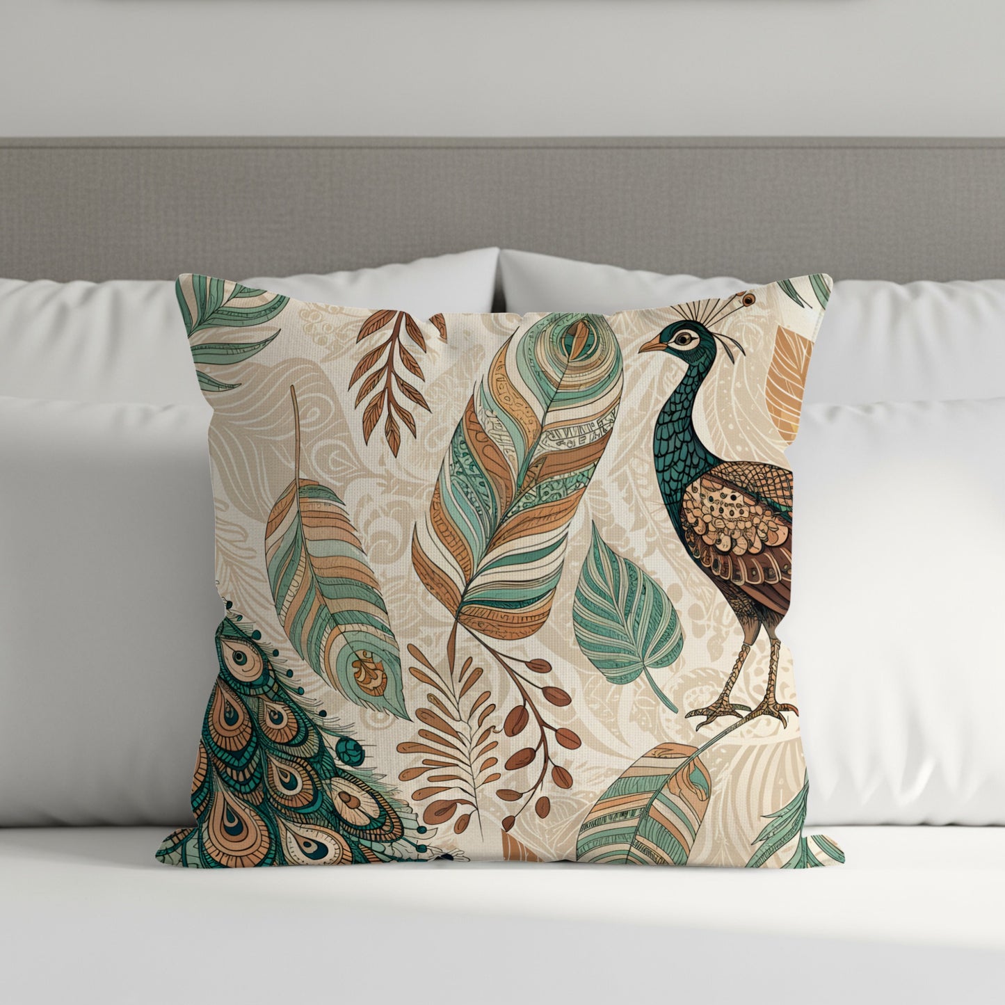 Peacock and Feathers Pattern Throw Pillow Cover