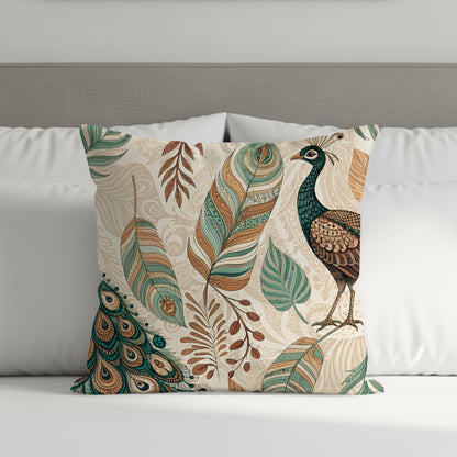 Peacock and Feathers Pattern Throw Pillow Cover