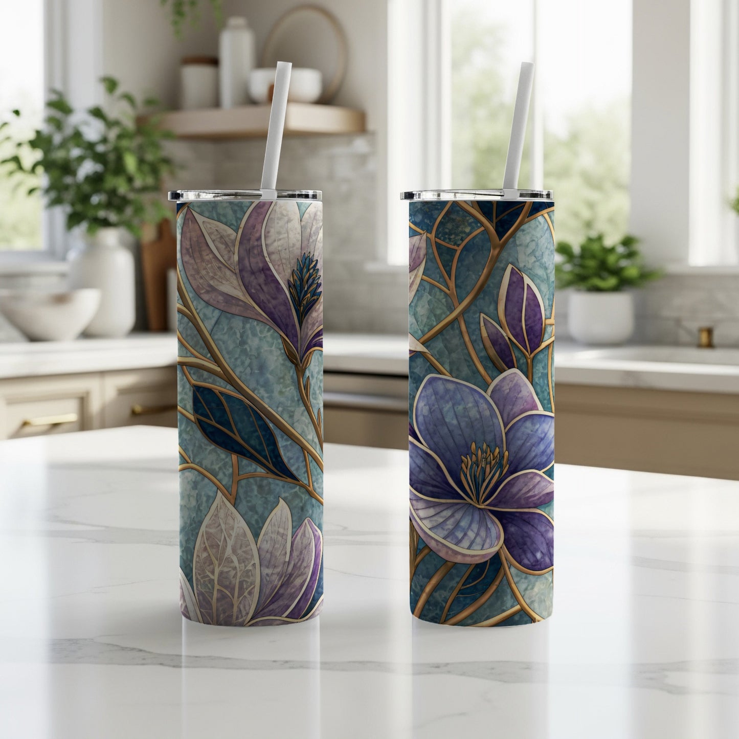 Floral Elegance Blue and Purple Magnolias 20 oz Skinny Tumbler - Walk Greener