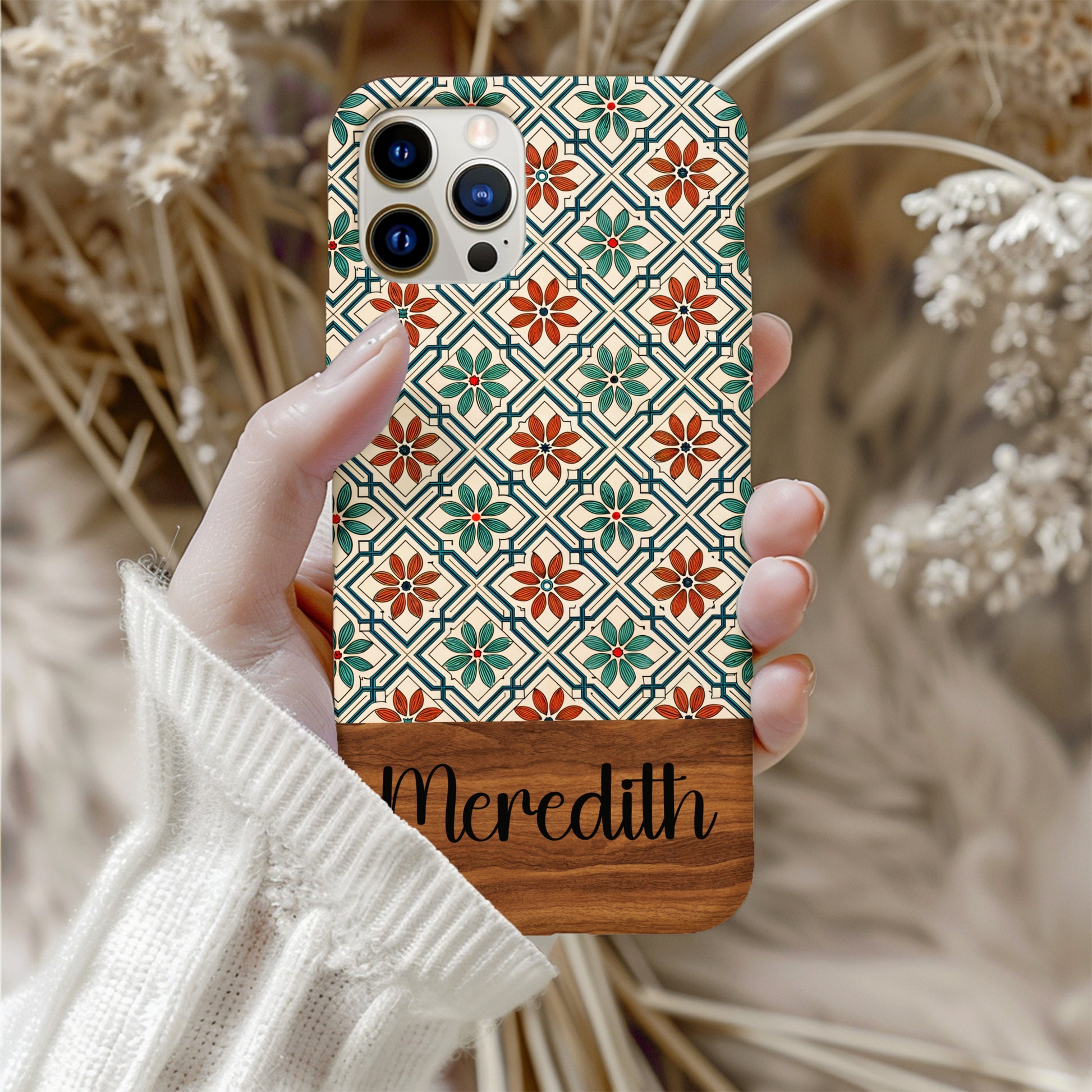 Floral Tile Pattern with Custom Name Option Custom Phone Case - Walk Greener