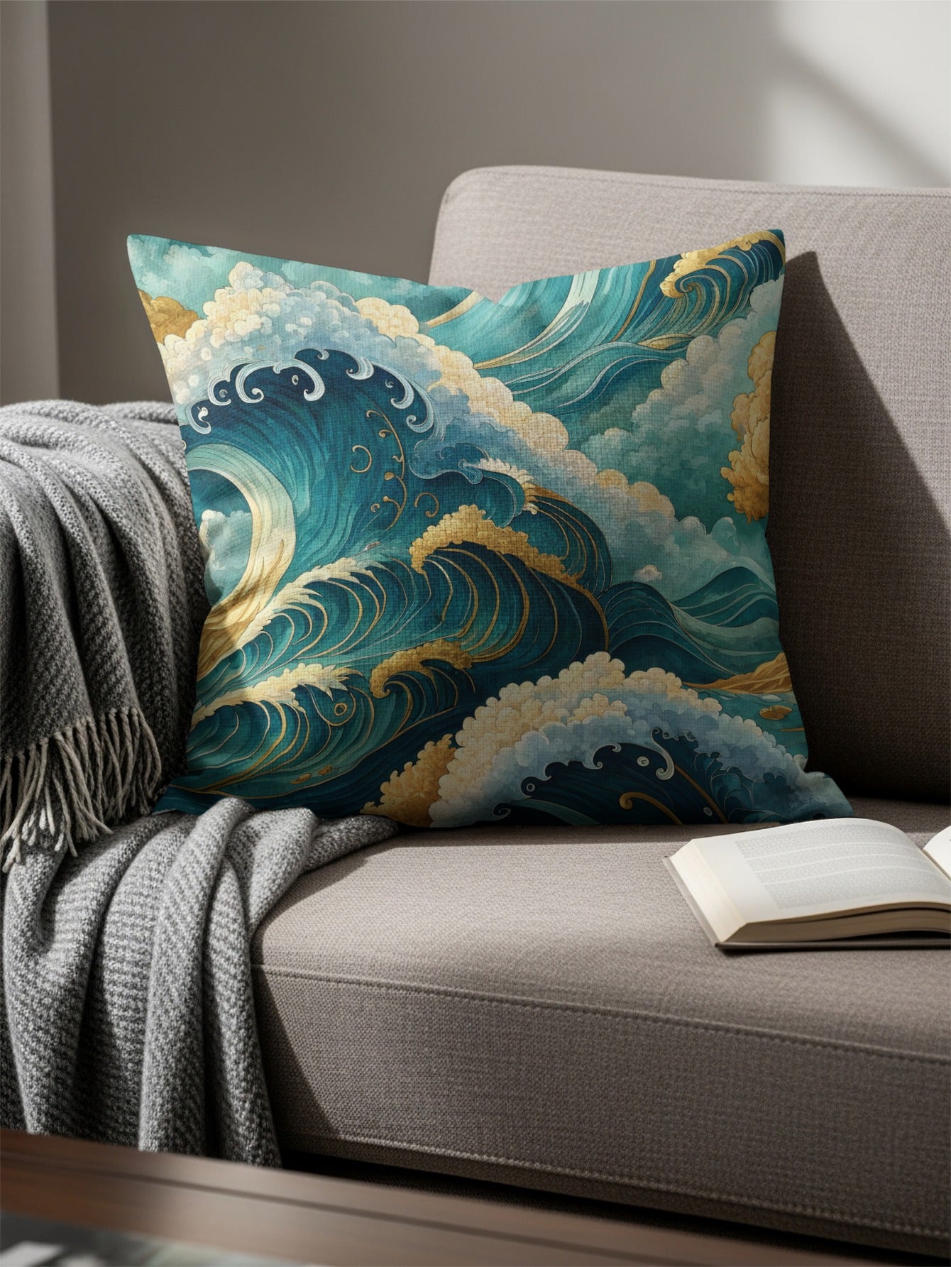 Japanese Inspired Artistic Ocean Waves Design Throw Pillows - Walk Greener