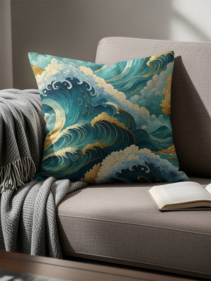 Japanese Inspired Artistic Ocean Waves Design Throw Pillows - Walk Greener