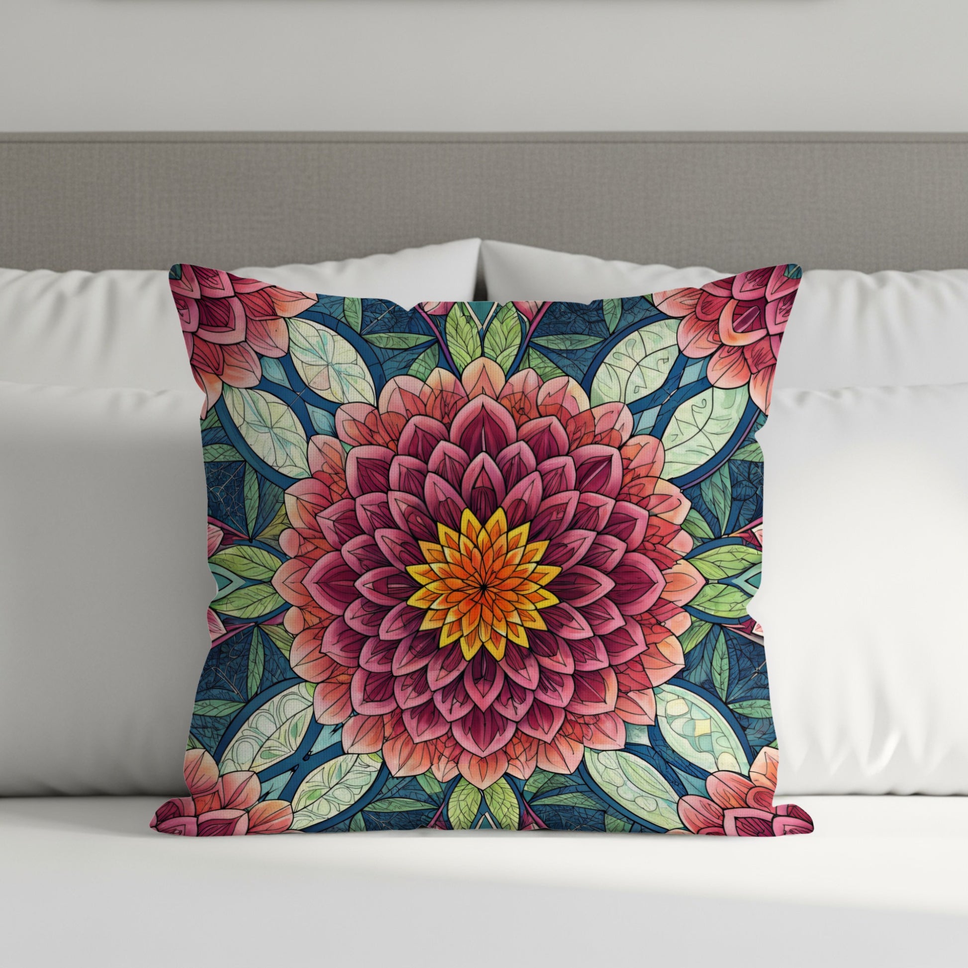 Stained Glass Floral Medallion Repeating Pattern Throw Pillows - Walk Greener