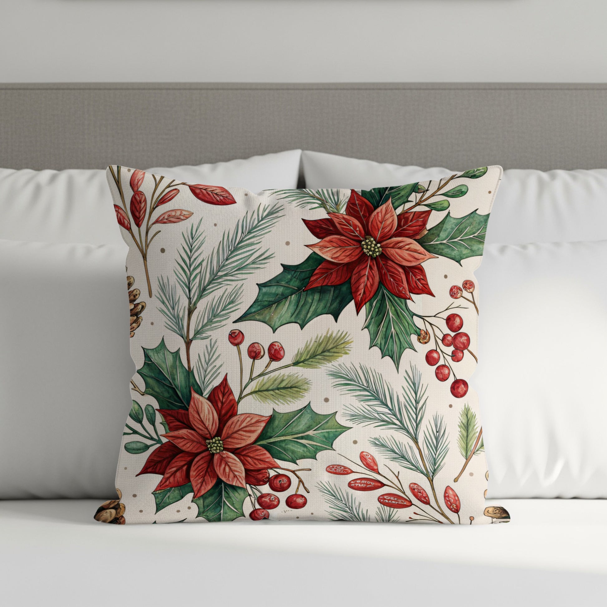 Festive Poinsettia and Pine Decorative Pillow Product