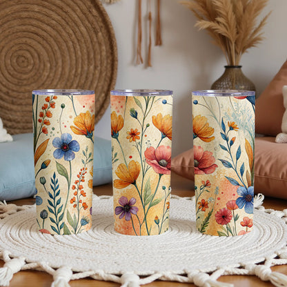 Watercolor Floral Design Colorful Flowers 20 oz Skinny Tumbler - Walk Greener