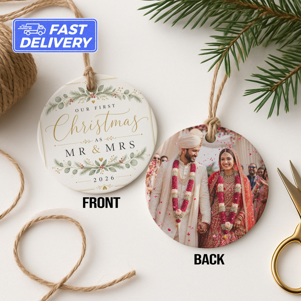 Personalized "Our First Christmas as Mr & Mrs" ornament with wedding photo on back.