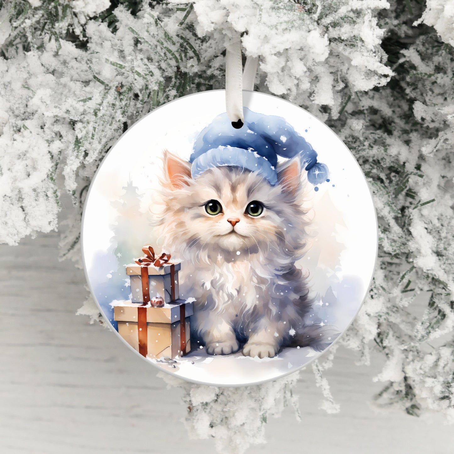 Adorable Kitten with Presents Festive Ornament product