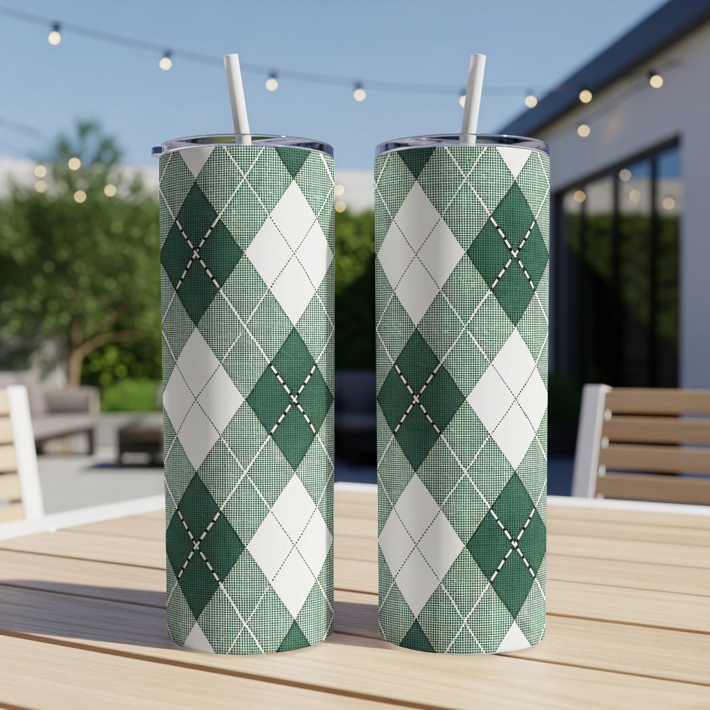 Green Argyle Patterned Tall Tumblers with Straws
