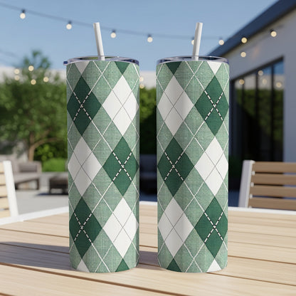 Green Argyle Patterned Tall Tumblers with Straws