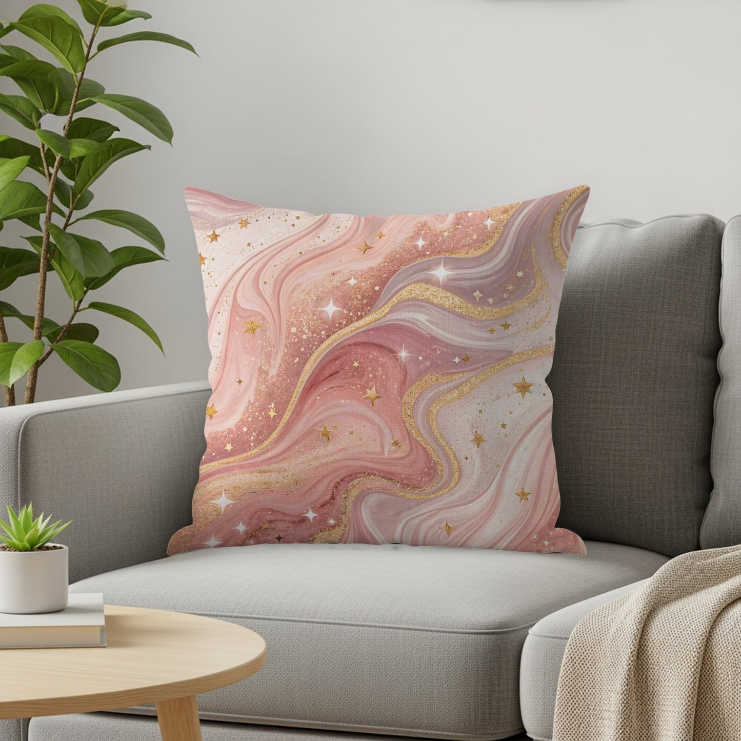 Pink Gold Glitter Swirl Stars Design Pattern Throw Pillows - Walk Greener