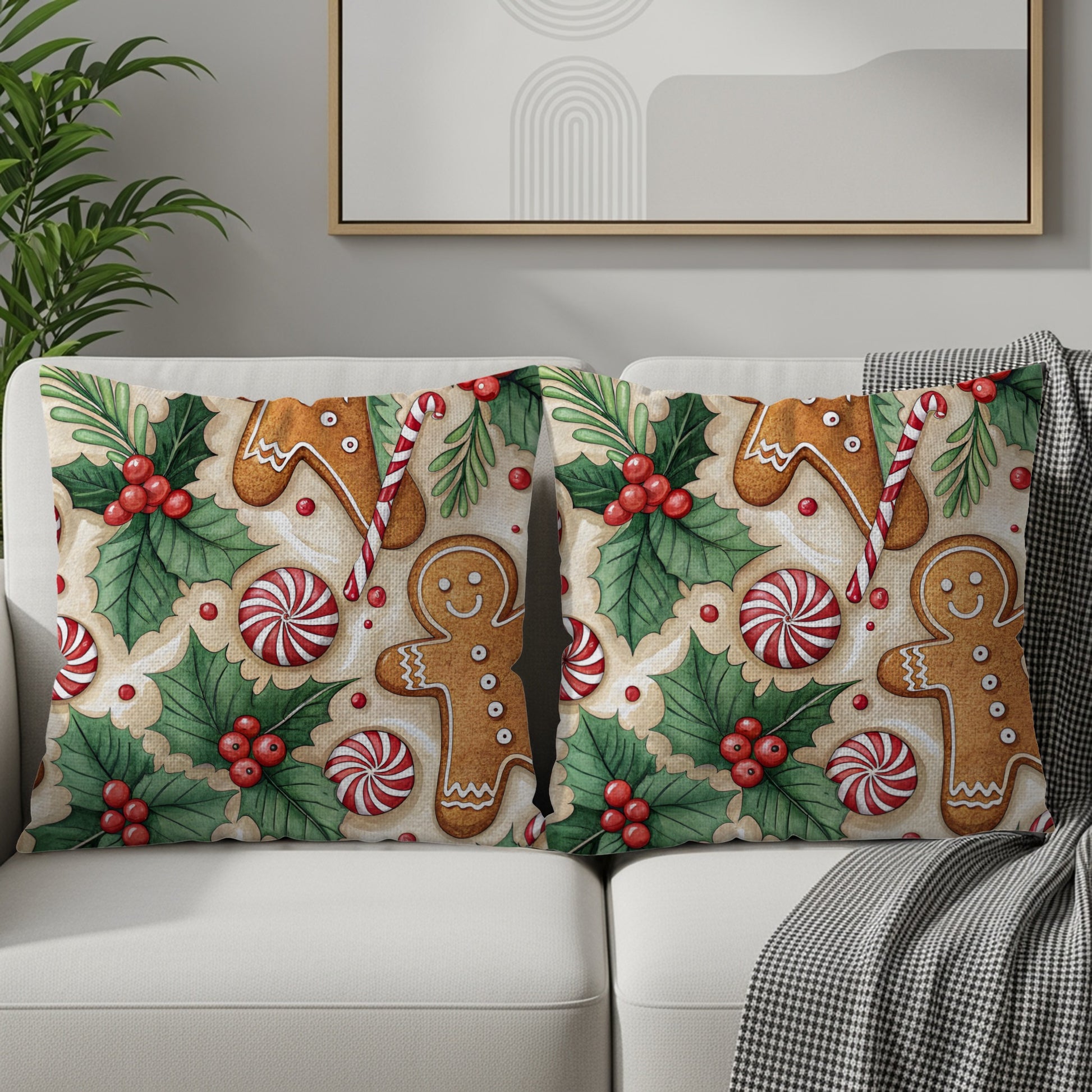 Gingerbread Man and Candy Holiday Themed Pattern Throw Pillows - Walk Greener