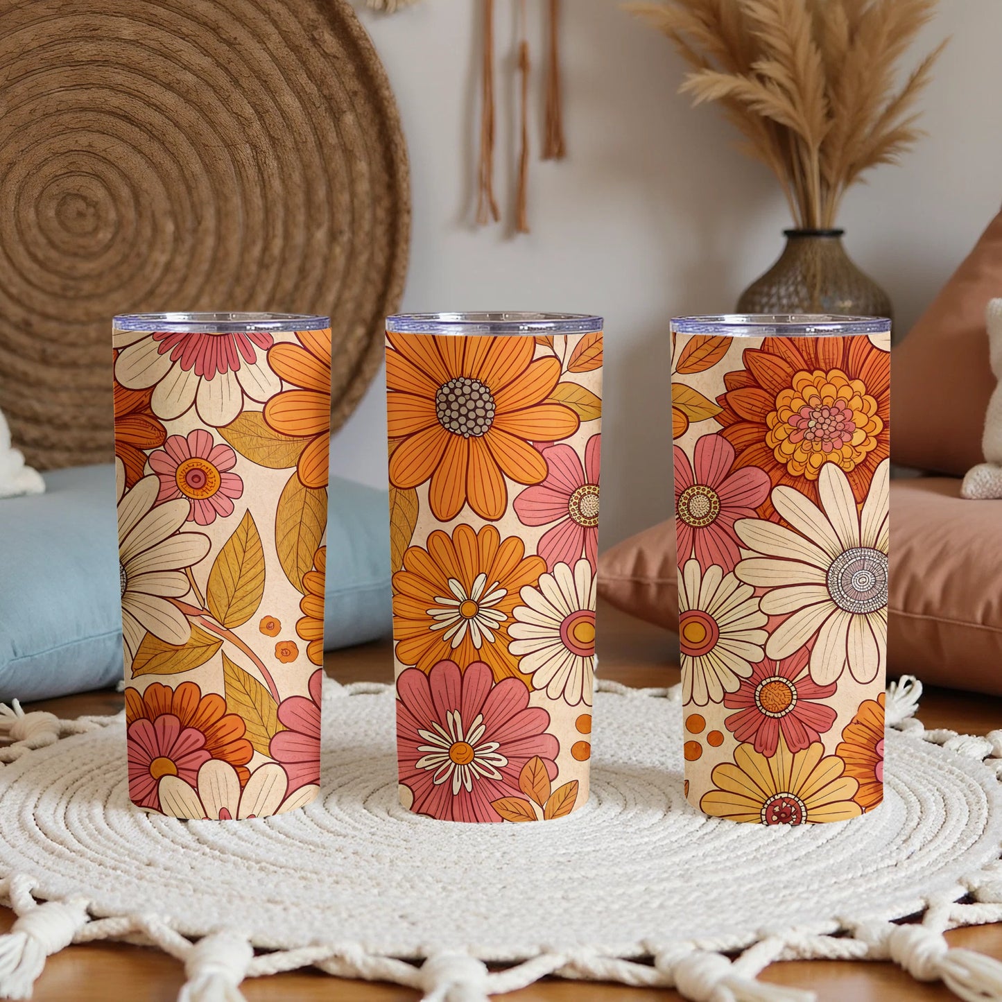 Vintage Floral Print Tumbler with Autumn Colors