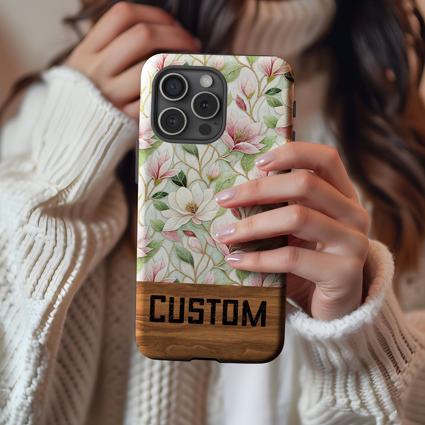 Custom Floral Pattern Phone Case with Wooden Accent
