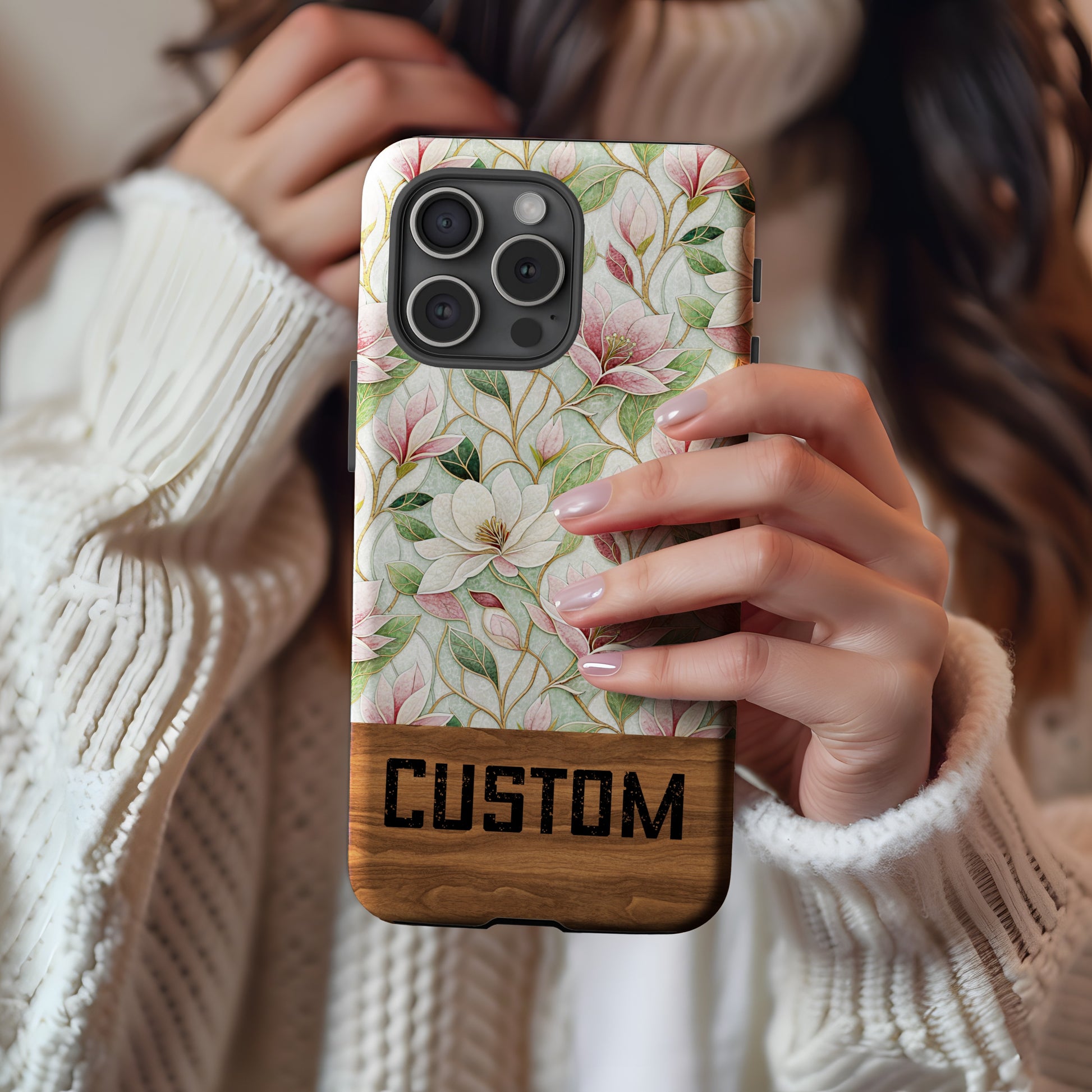 Custom Floral Pattern Phone Case with Wooden Accent