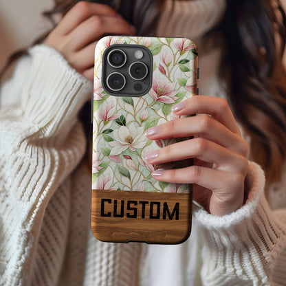 Custom Floral Pattern Phone Case with Wooden Accent