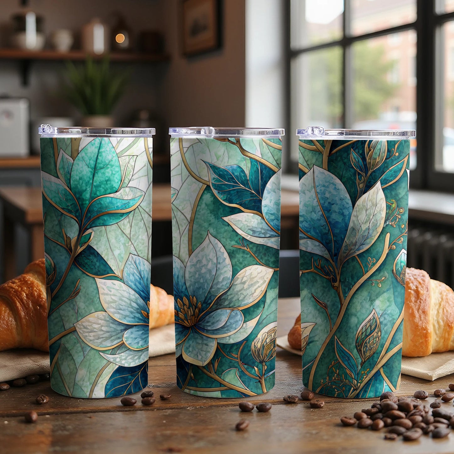 Teal Floral with Gold Veins and Stems 20 oz Skinny Tumbler - Walk Greener
