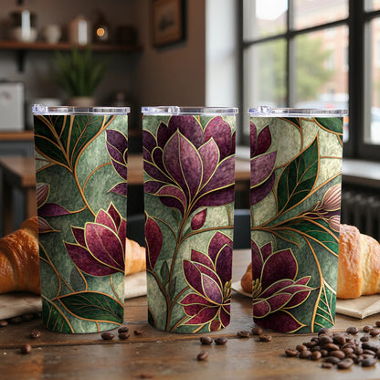 Magnolia Flowers in Watercolor Style Green Backdrop 20 oz Skinny Tumbler - Walk Greener