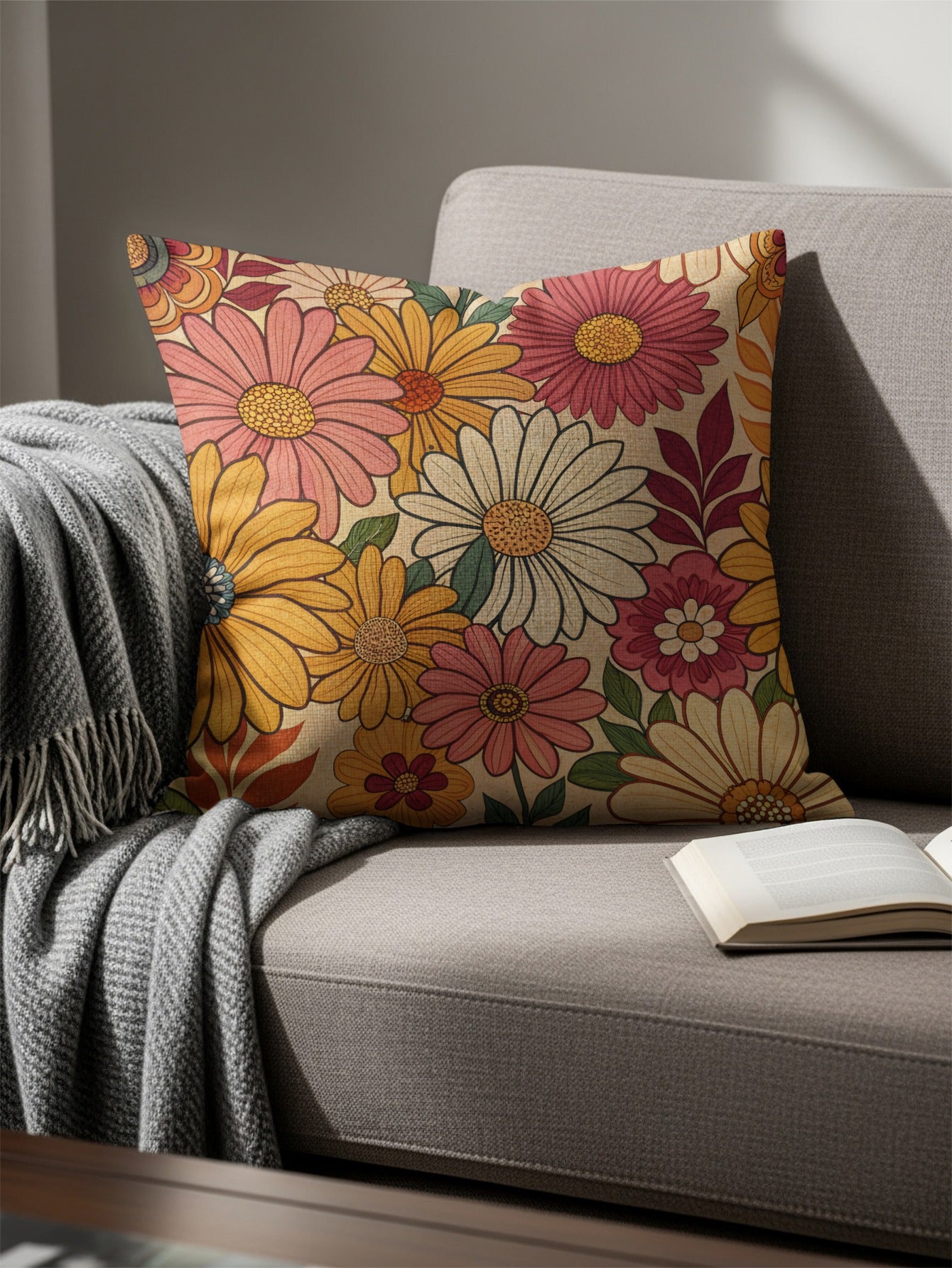 Floral Pattern Throw Pillow with Colorful Daisies Design