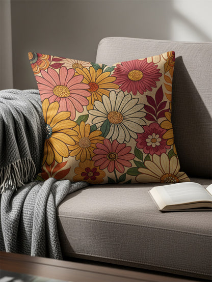Floral Pattern Throw Pillow with Colorful Daisies Design