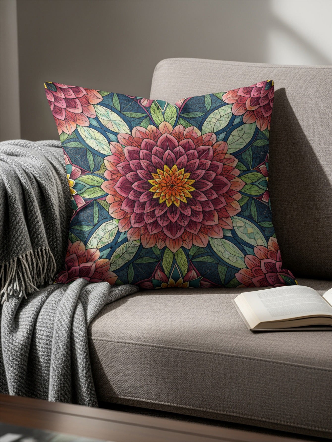 Stained Glass Floral Medallion Repeating Pattern Throw Pillows - Walk Greener
