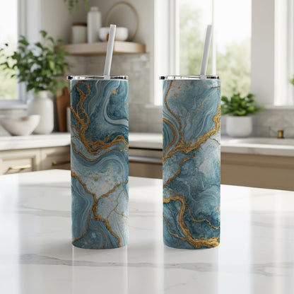 Marble Blue and Gold Steel Tumbler Cup with Straw