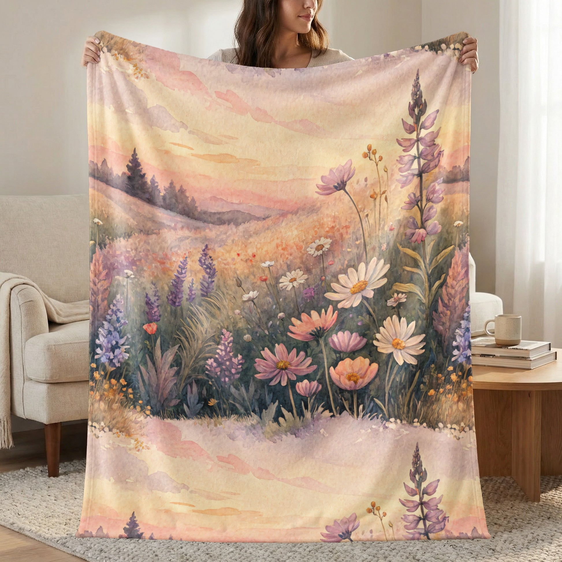 Floral Meadow Landscape Sunset in Watercolor Painting - Walk Greener