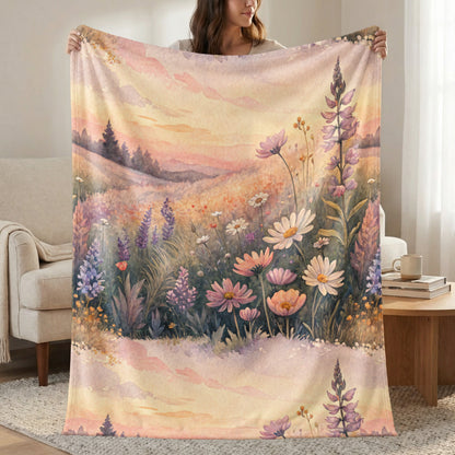 Floral Meadow Landscape Sunset in Watercolor Painting - Walk Greener