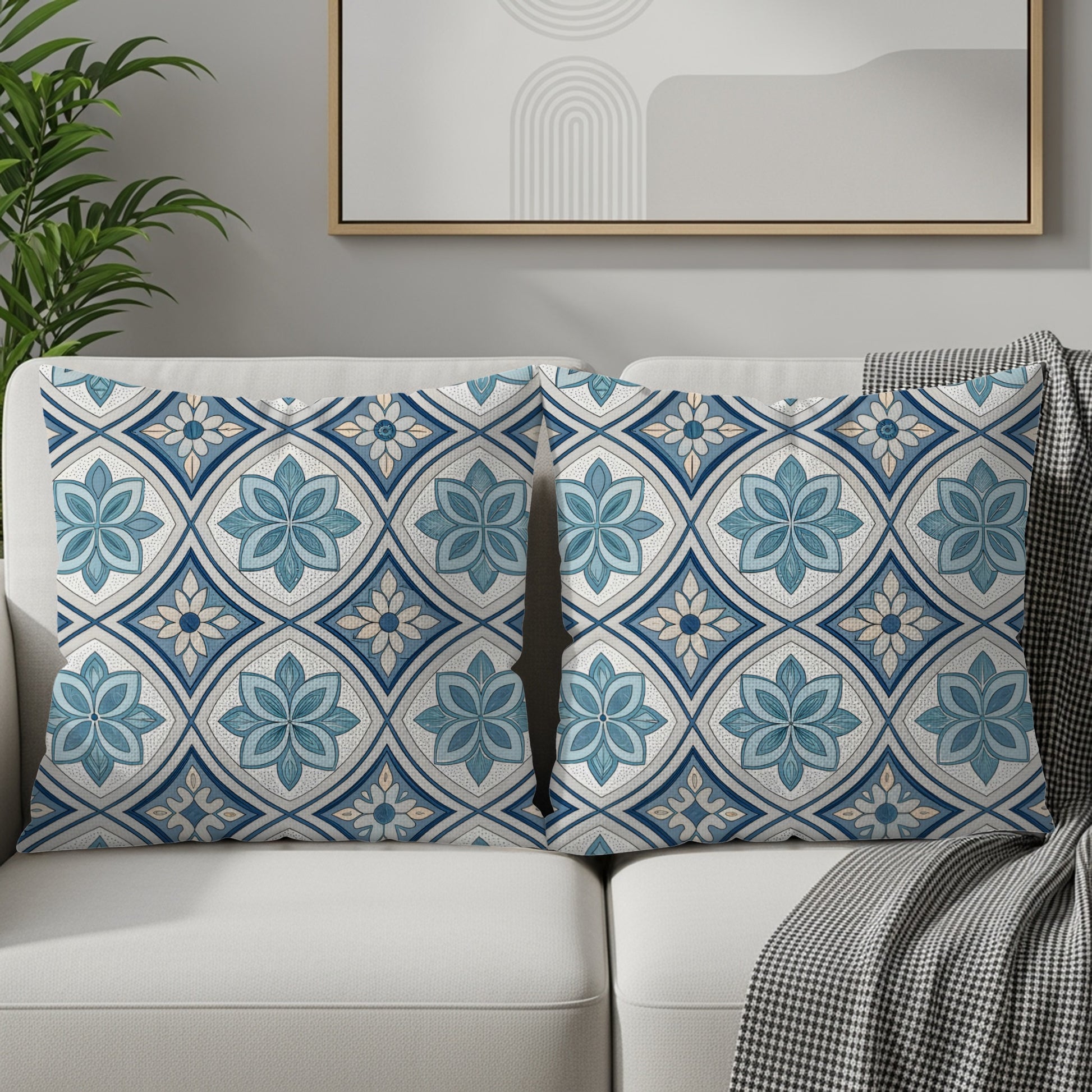 Blue Floral Pattern Decorative Pillow Covers Pair