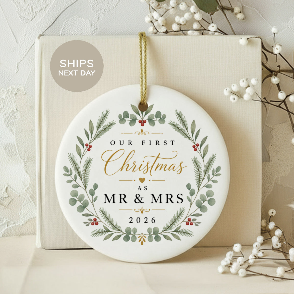Round ornament reading "Our First Christmas as Mr & Mrs 2026" with floral design.