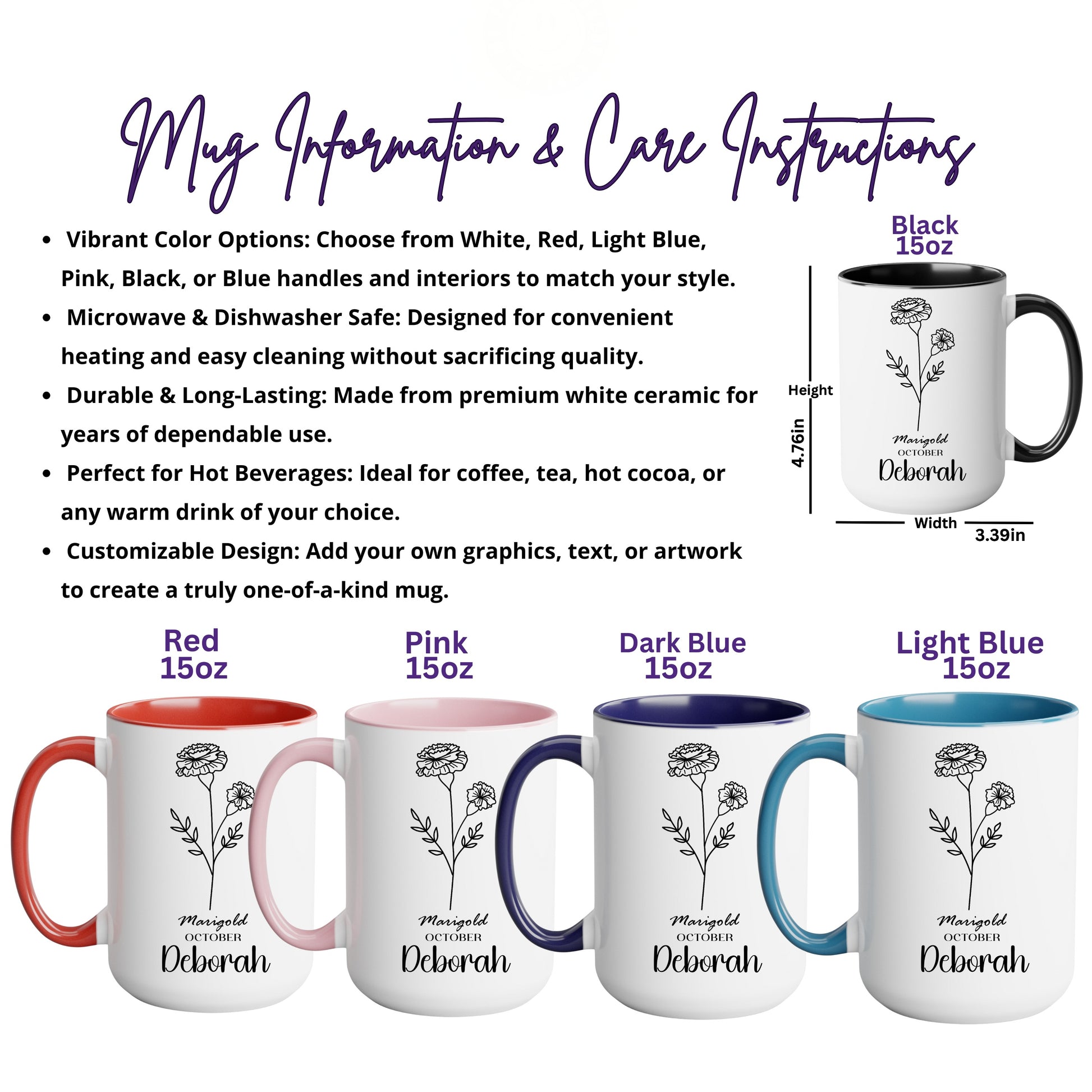 Personalized 15oz Ceramic Mug with Vibrant Handle Options