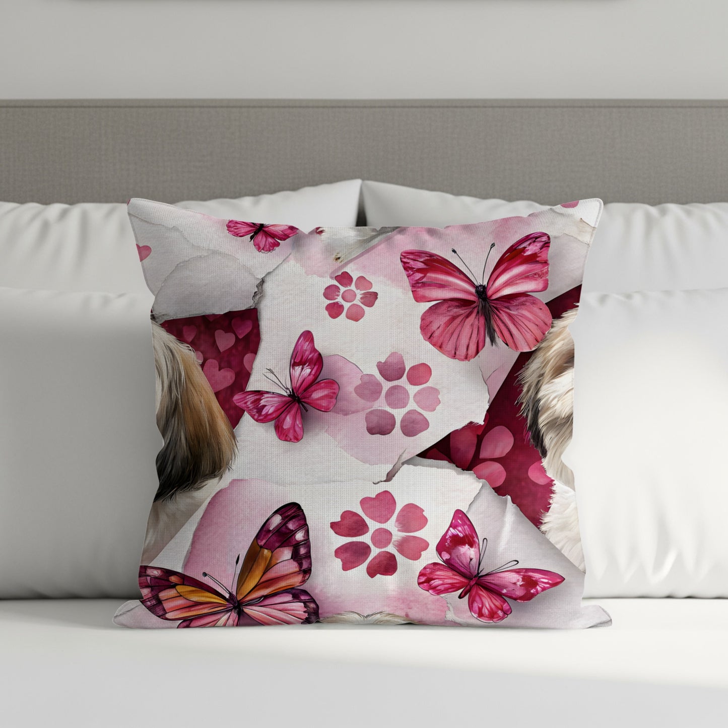 Dog with Butterflies on Pink Floral Background Throw Pillows - Walk Greener