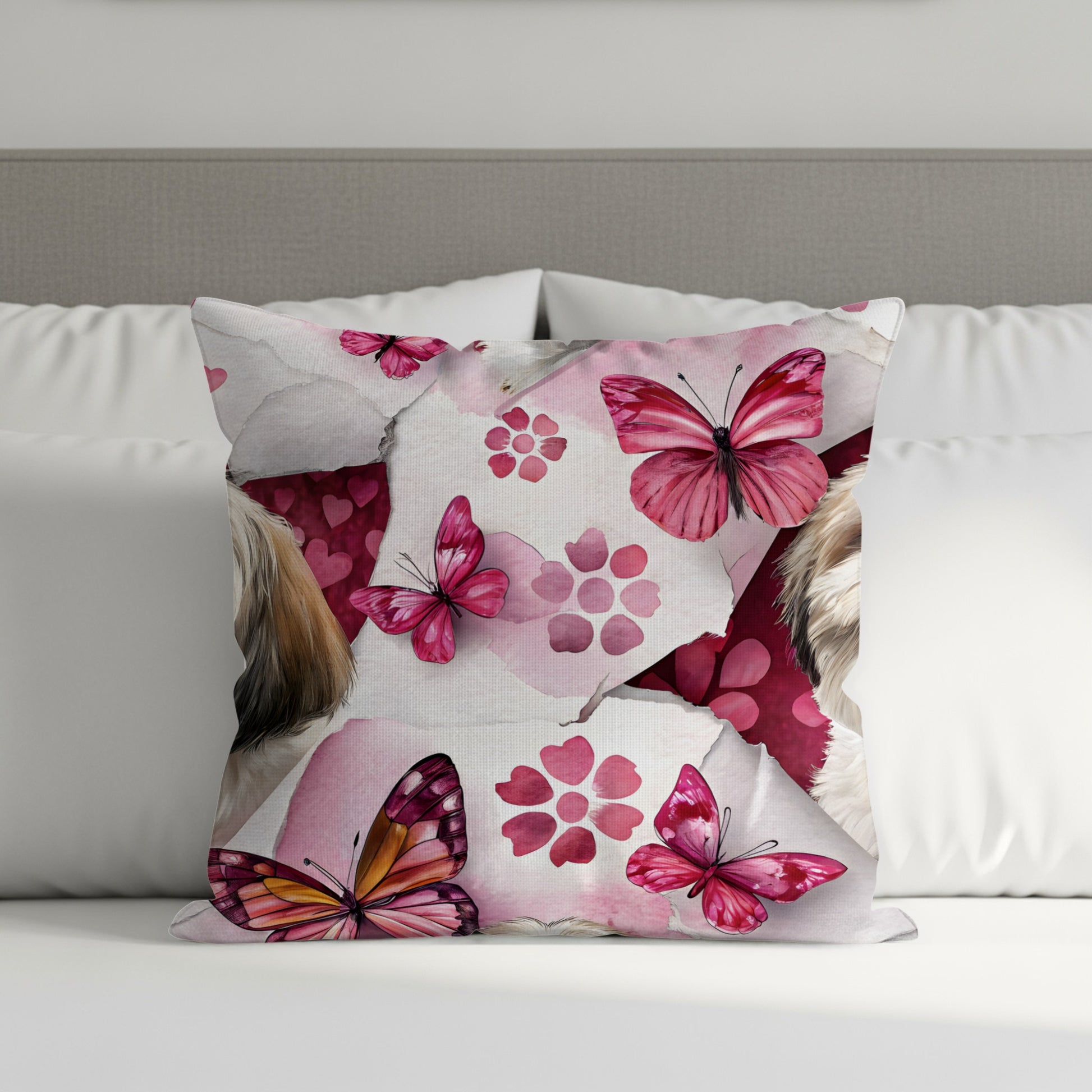 Dog with Butterflies on Pink Floral Background Throw Pillows - Walk Greener