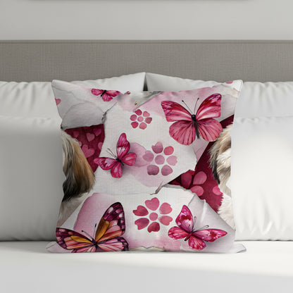 Dog with Butterflies on Pink Floral Background Throw Pillows - Walk Greener