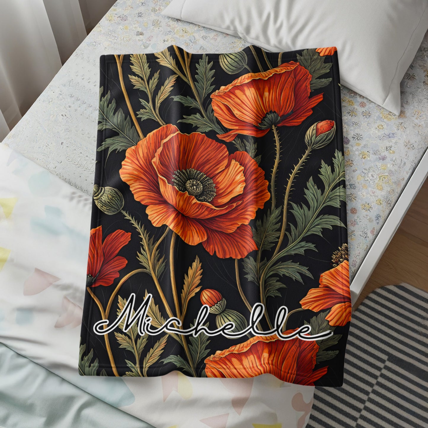 Floral Pattern Red and Green with Custom Name Blanket - Walk Greener