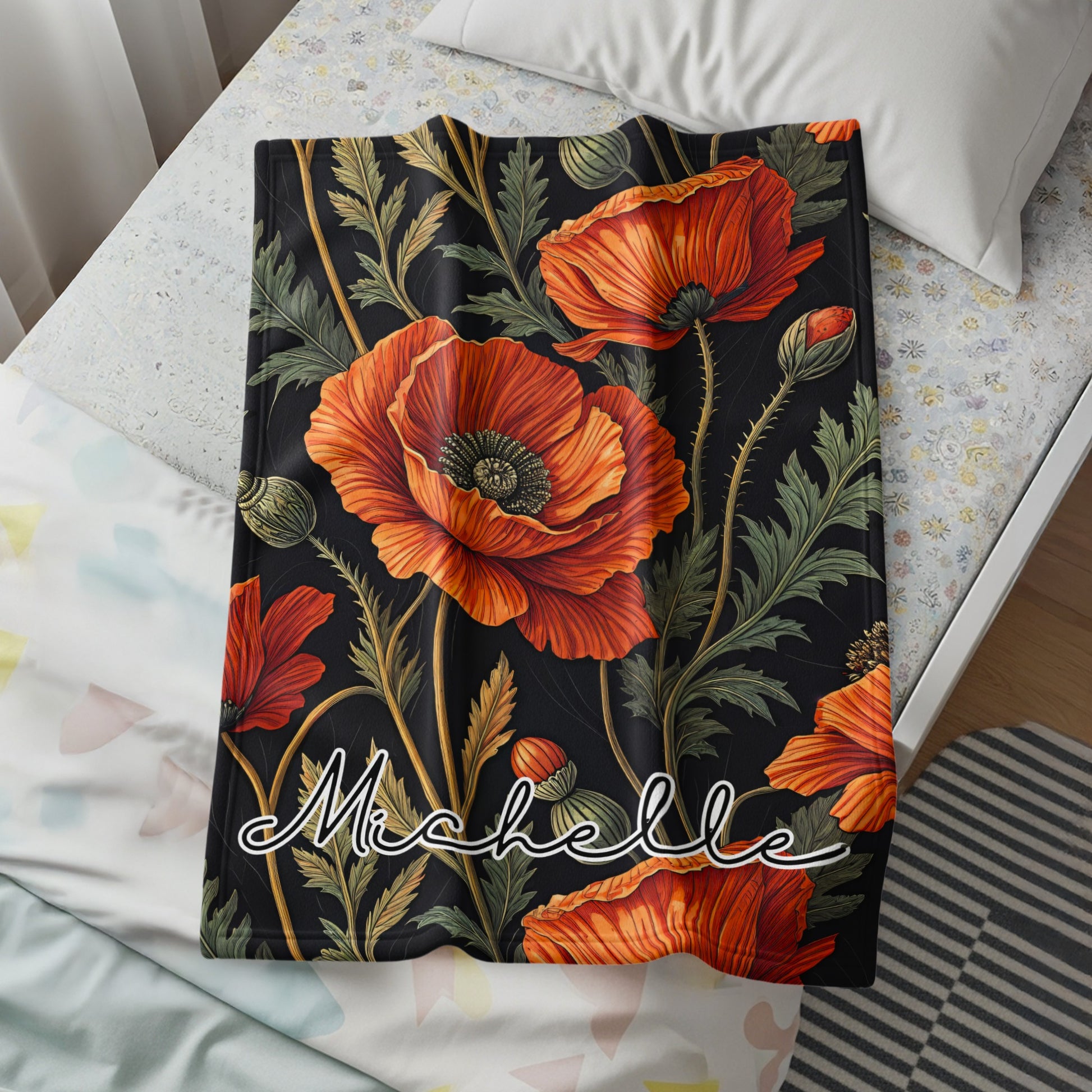 Floral Pattern Red and Green with Custom Name Blanket - Walk Greener